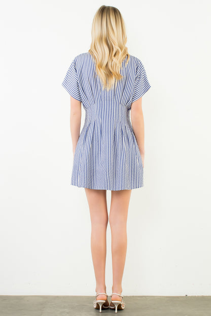 Short Sleeve Striped Button Down Dress - Blue