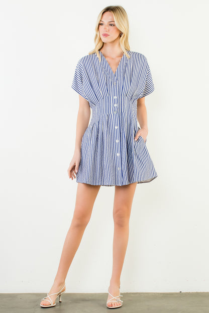 Short Sleeve Striped Button Down Dress - Blue