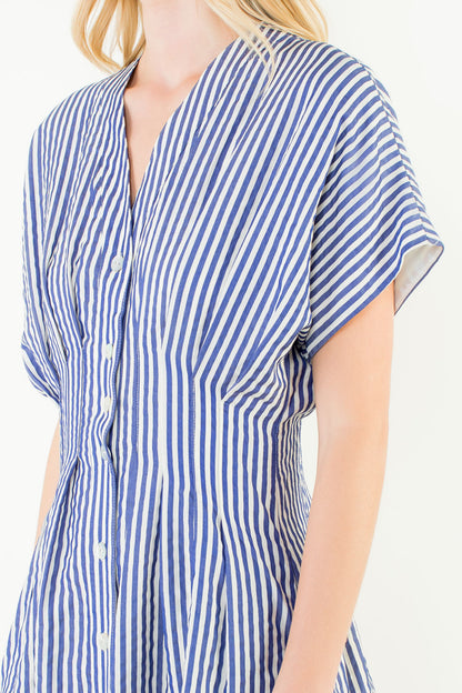 Short Sleeve Striped Button Down Dress - Blue