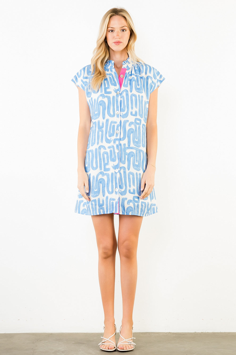 Short Sleeve Pattern Detail Dress - Light Blue