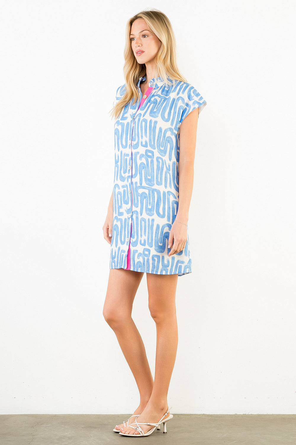 Short Sleeve Pattern Detail Dress - Light Blue