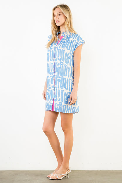 Short Sleeve Pattern Detail Dress - Light Blue