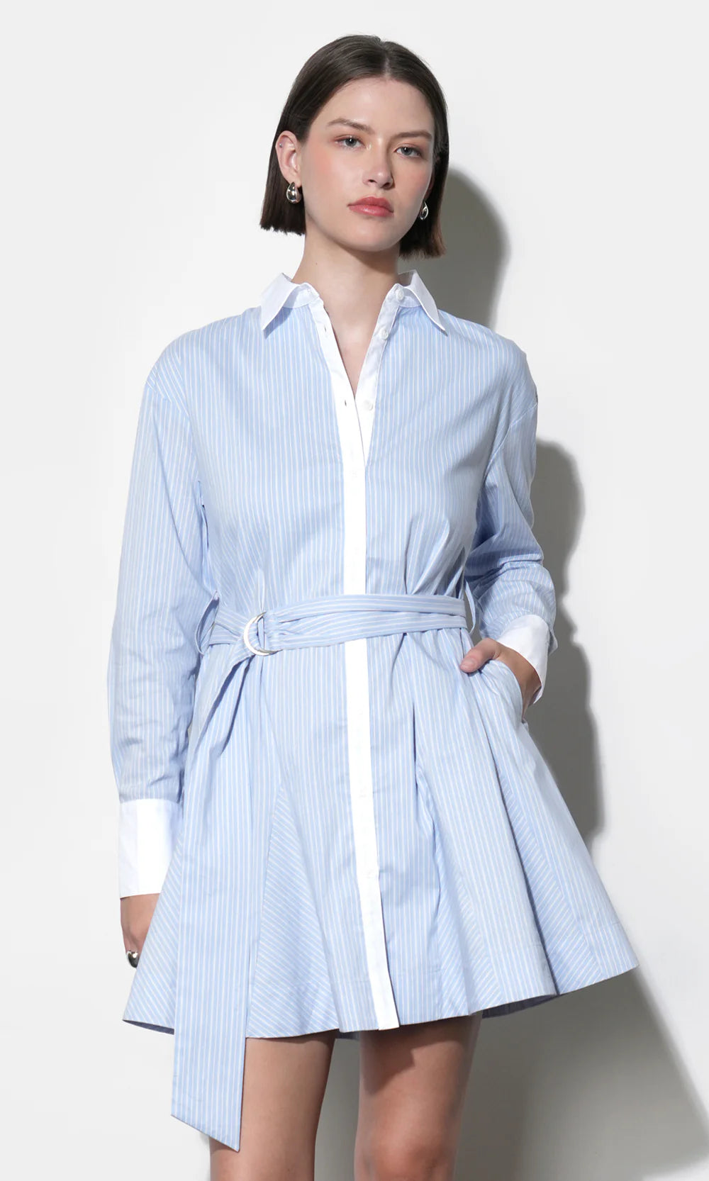 Faith Stripe Godet Mini Shirt Dress - Blue
