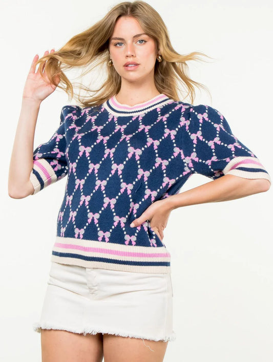 THML - Short Sleeve Ribbon Detail Top - Navy