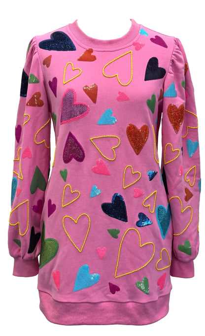 Queen of Sparkles - Pink Groovy Hearts All Over Sweatshirt Dress