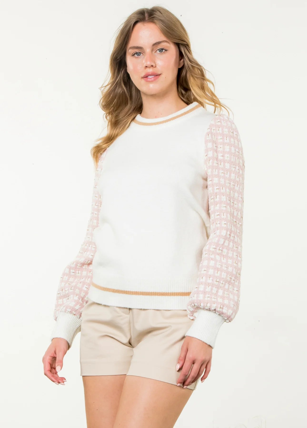 THML - Tweed Sleeve Knit Sweater - Cream