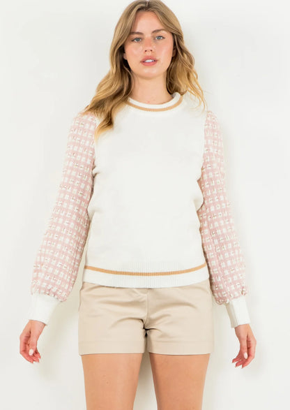 THML - Tweed Sleeve Knit Sweater - Cream