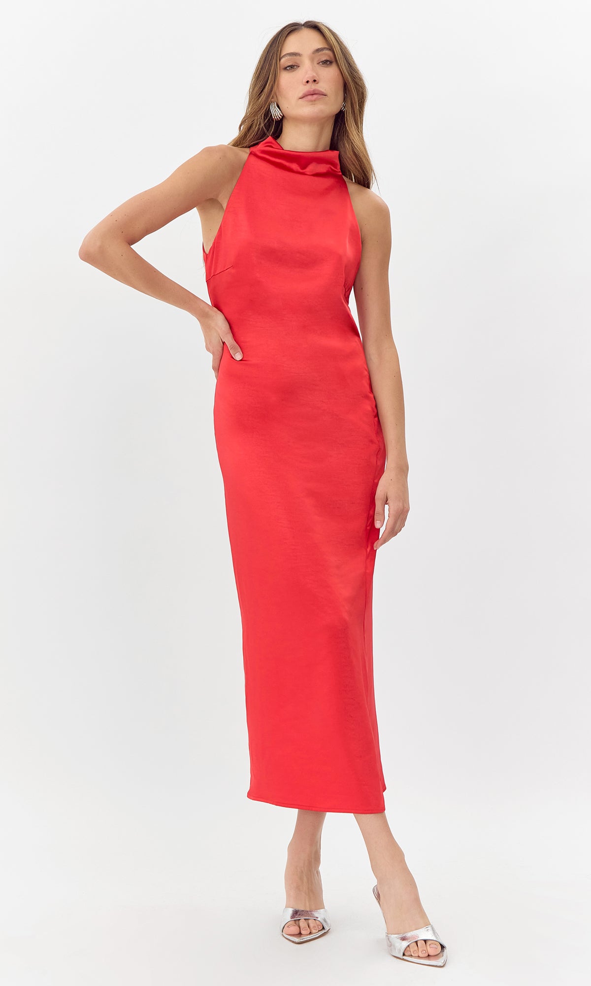 Greylin - Brayeln Mock Neck Midi Dress w/ Side Slit - Red