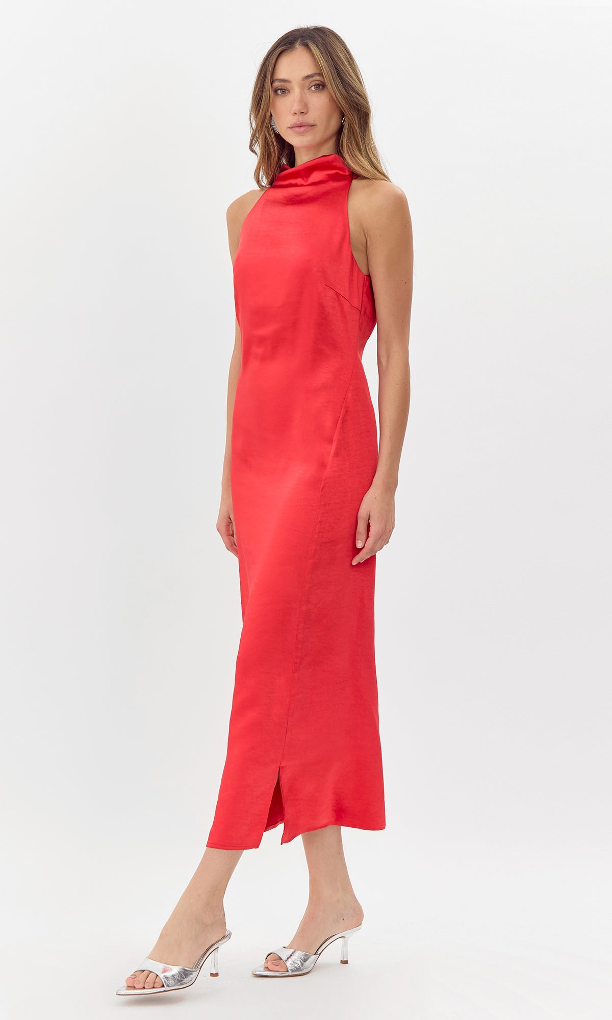 Greylin - Brayeln Mock Neck Midi Dress w/ Side Slit - Red