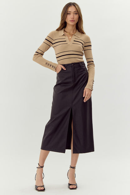 Greylin - Elena Striped Polo Knit Top - Tan/Black