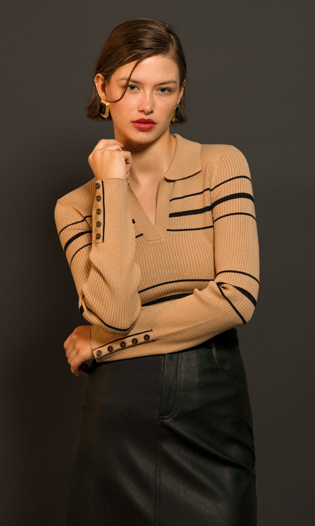 Greylin - Elena Striped Polo Knit Top - Tan/Black