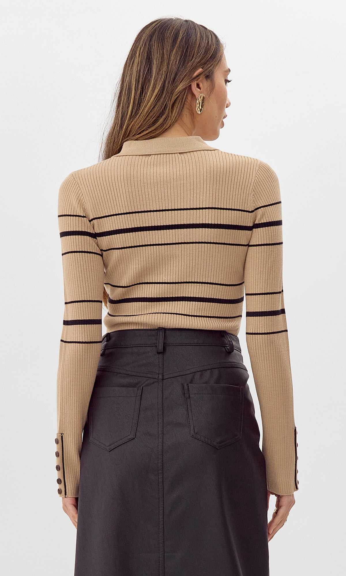 Greylin - Elena Striped Polo Knit Top - Tan/Black