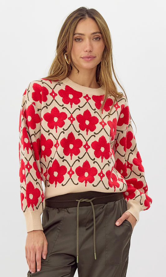 Greylin - Lorna Textured Flower Pull Over Knit Sweater - Cream/Red