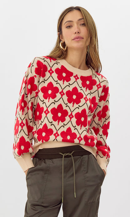 Greylin - Lorna Textured Flower Pull Over Knit Sweater - Cream/Red