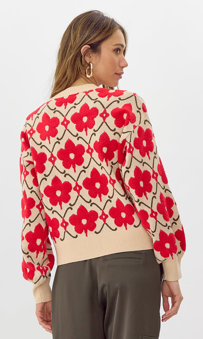 Greylin - Lorna Textured Flower Pull Over Knit Sweater - Cream/Red