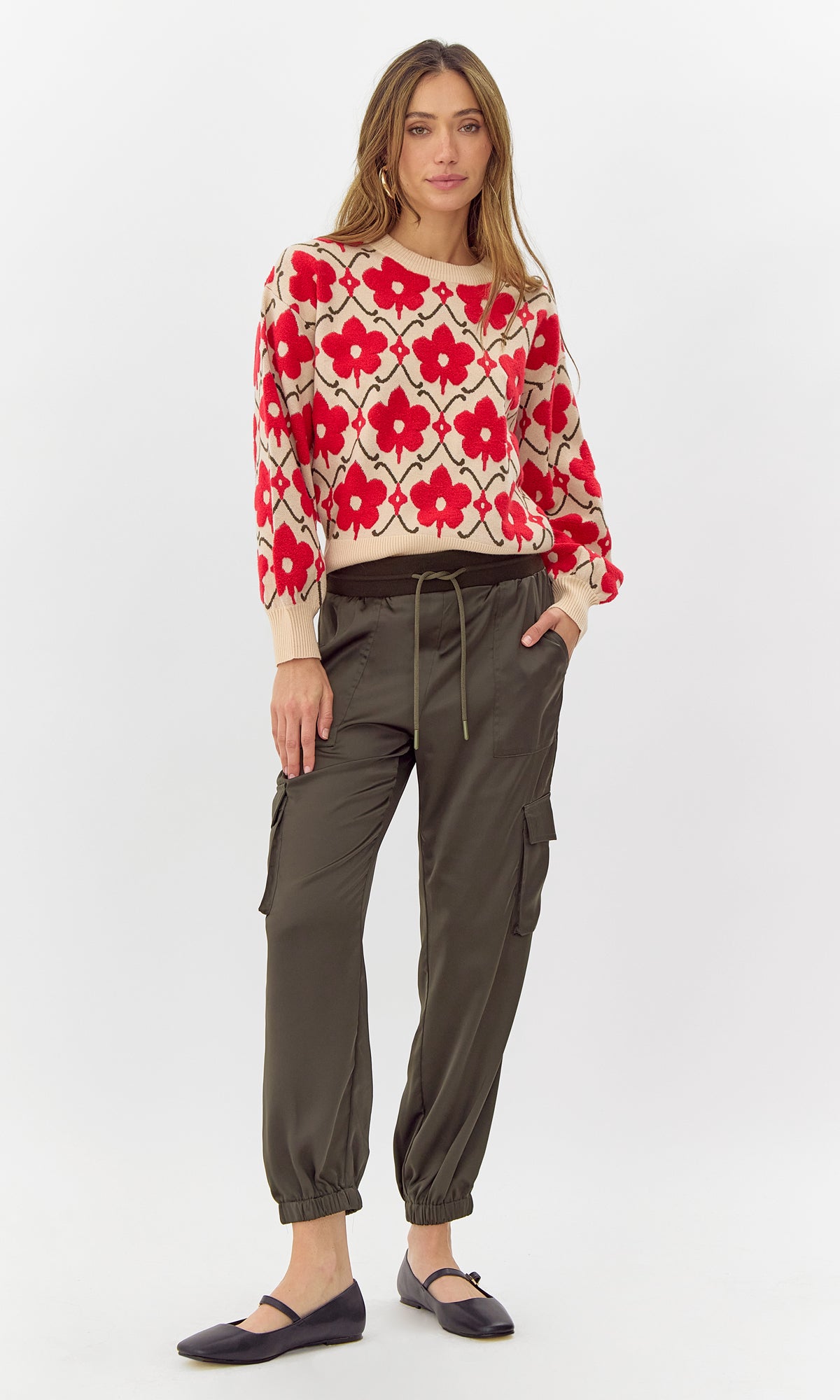 Greylin - Lorna Textured Flower Pull Over Knit Sweater - Cream/Red