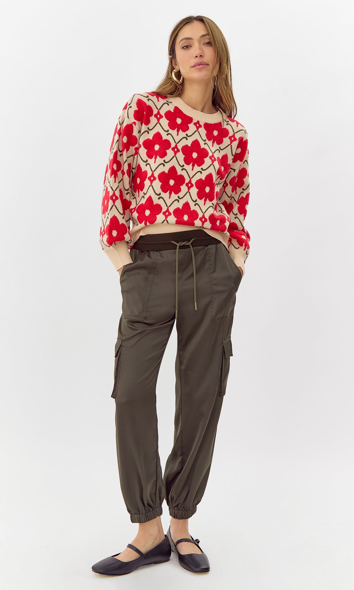 Greylin - Lorna Textured Flower Pull Over Knit Sweater - Cream/Red