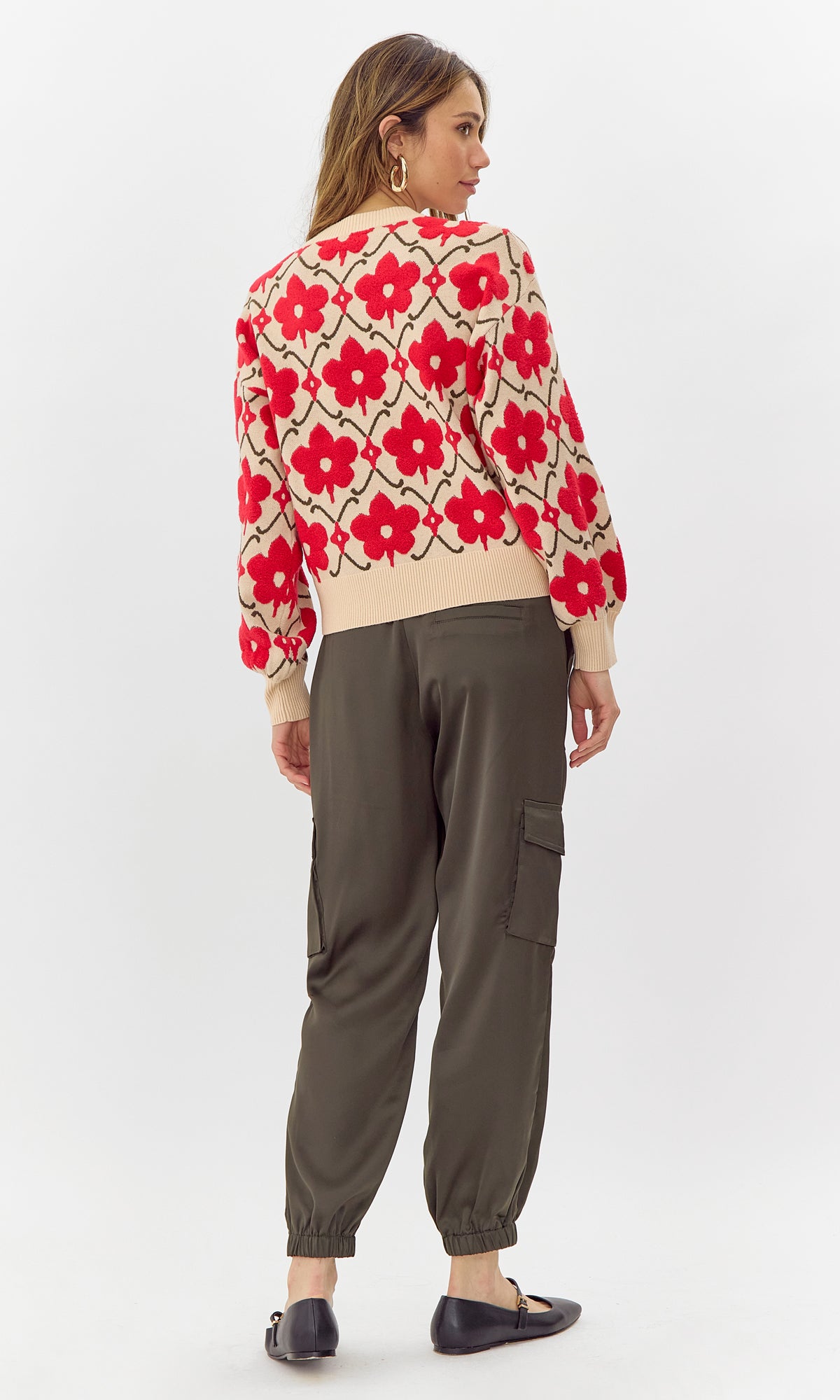 Greylin - Lorna Textured Flower Pull Over Knit Sweater - Cream/Red