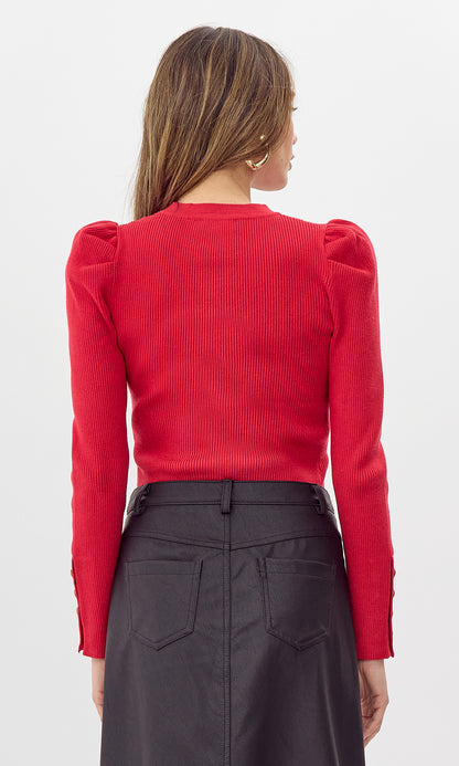 Greylin - Dani Button Puff Sleeve Ribbed Knit Top - Red