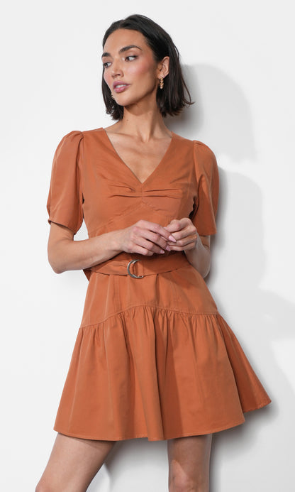 Hayden Puff Sleeve Belted Flare Dress - Clay