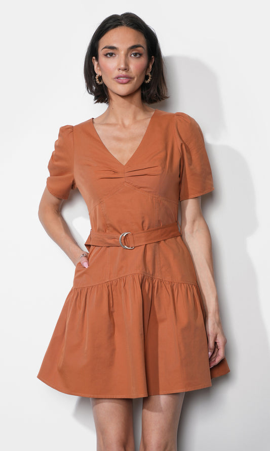 Hayden Puff Sleeve Belted Flare Dress - Clay