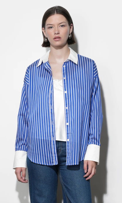 Geneviv Oversized Bold Stripe Shirt w/ Contrast Cuff - Blue/White