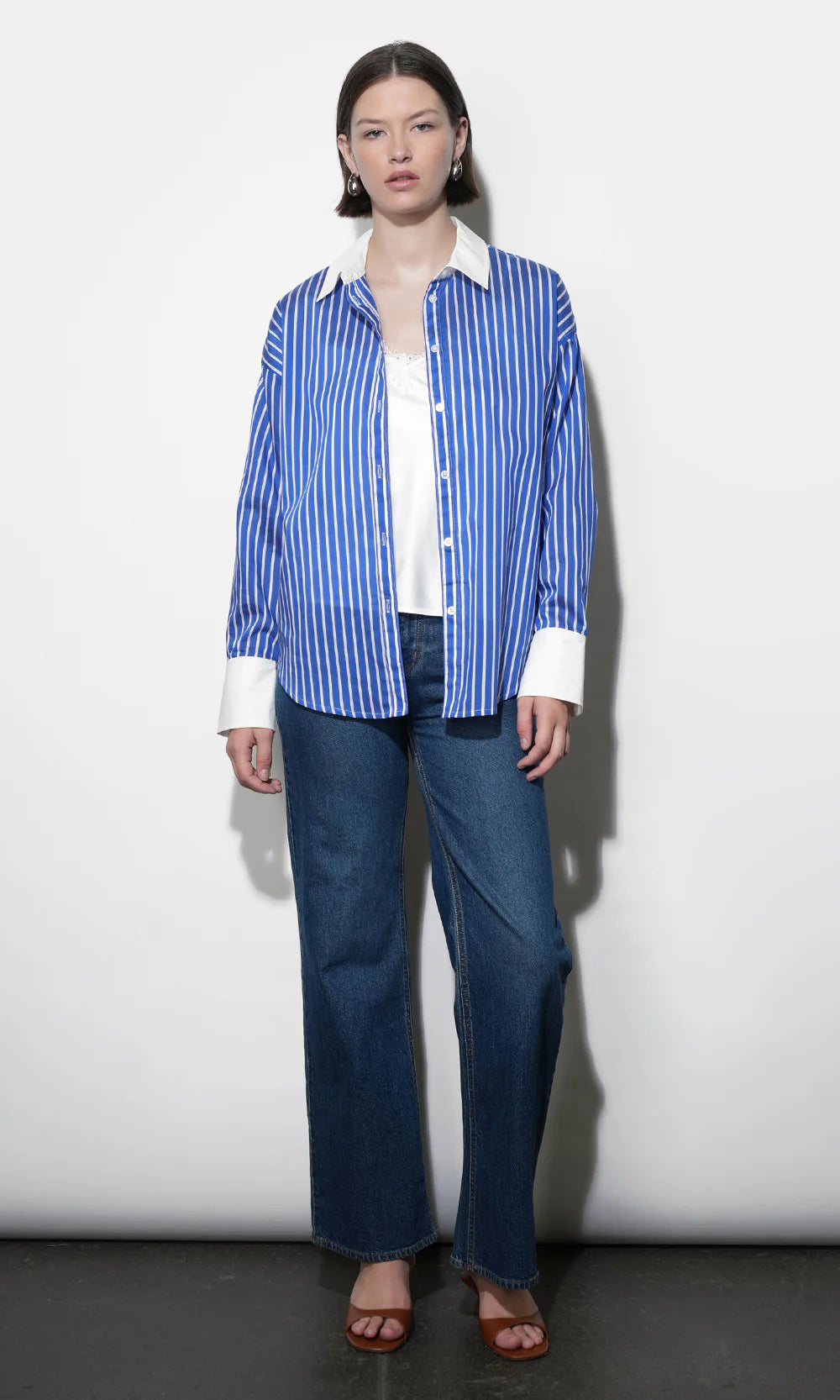 Geneviv Oversized Bold Stripe Shirt w/ Contrast Cuff - Blue/White