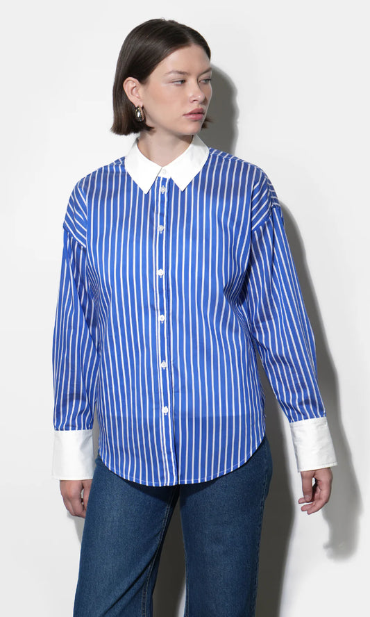 Geneviv Oversized Bold Stripe Shirt w/ Contrast Cuff - Blue/White