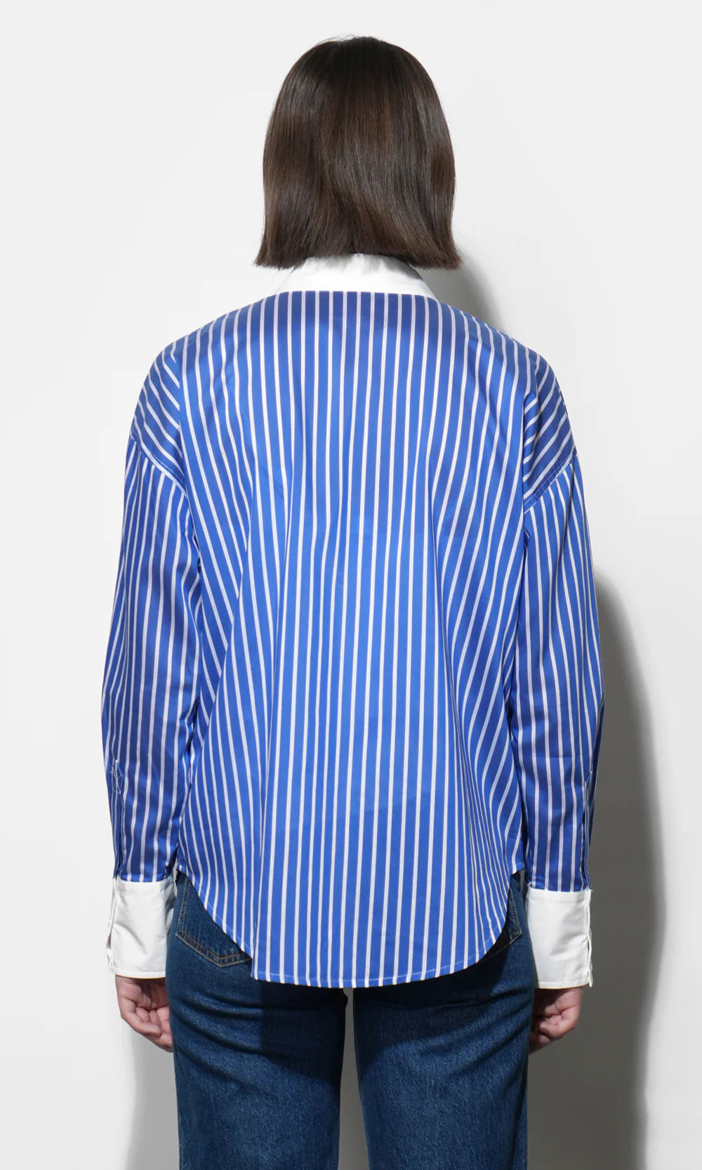 Geneviv Oversized Bold Stripe Shirt w/ Contrast Cuff - Blue/White