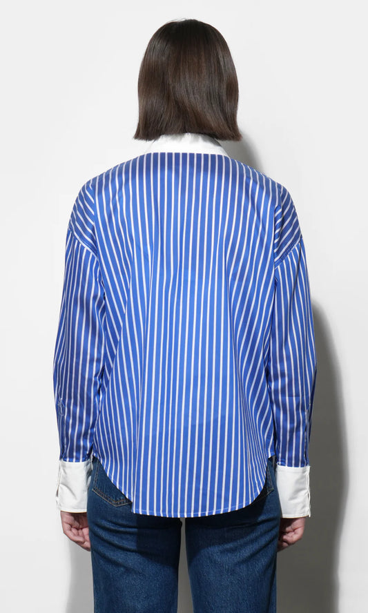 Geneviv Oversized Bold Stripe Shirt w/ Contrast Cuff - Blue/White