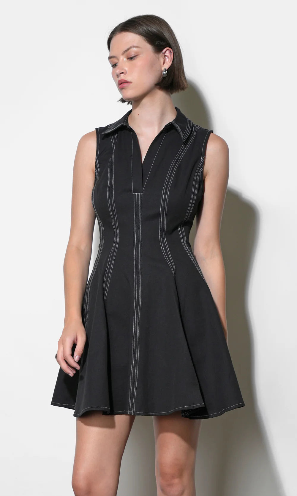 Sydney Topstitch Flare Mini Dress - Black