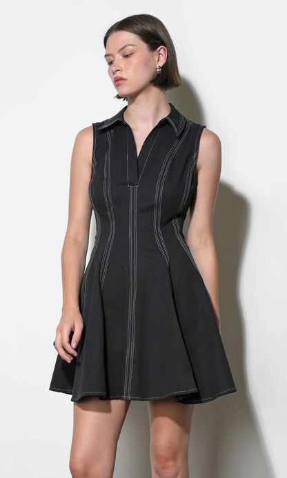 Sydney Topstitch Flare Mini Dress - Black