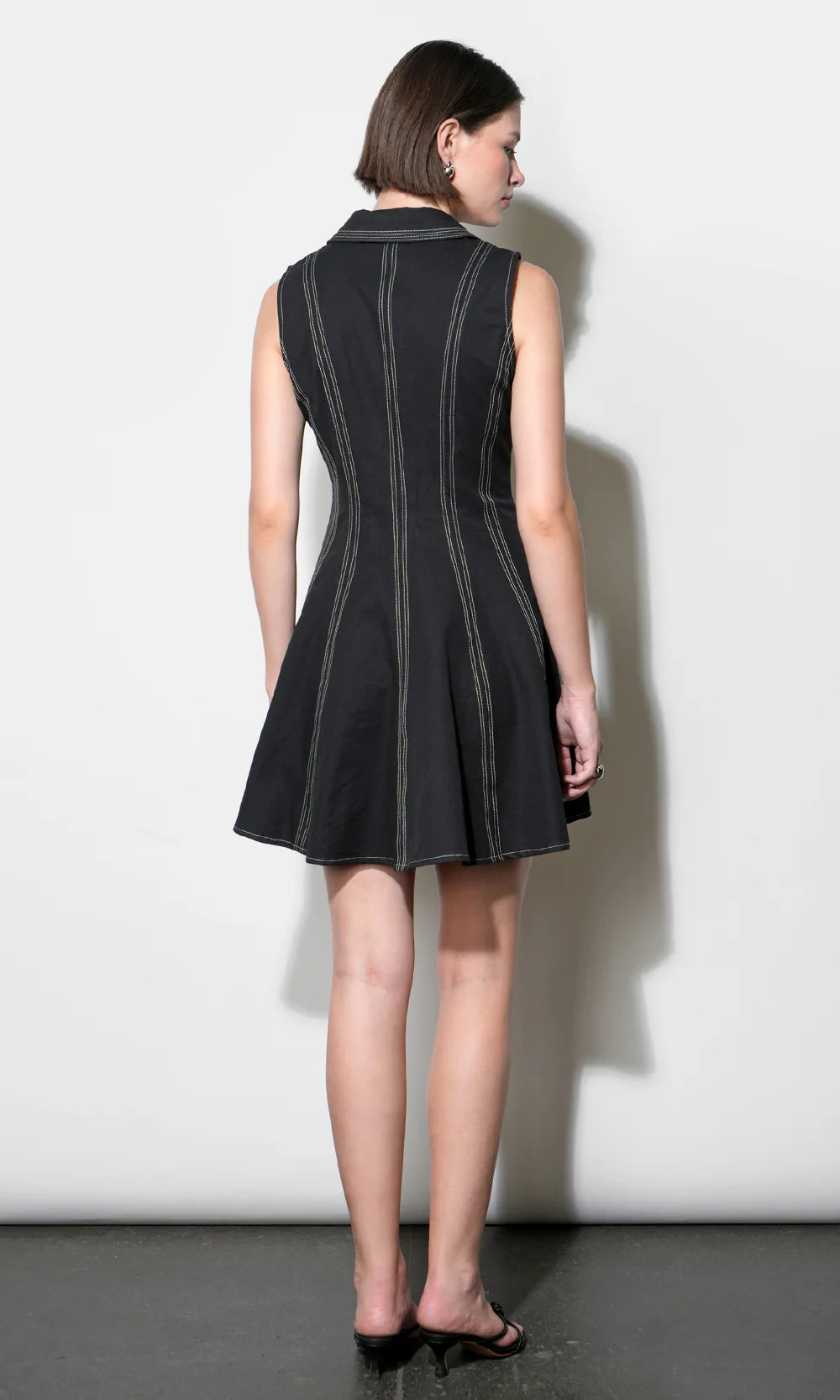 Sydney Topstitch Flare Mini Dress - Black