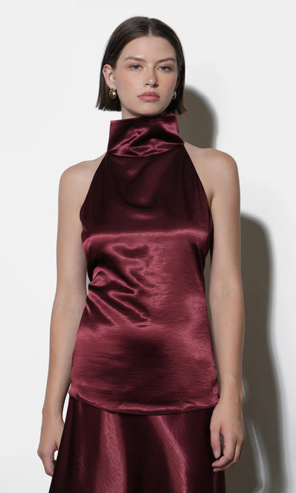 Addison Cowl Funnel Neck Halter Top - Dark Cherry