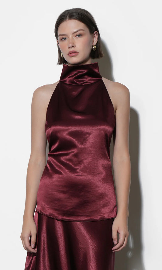 Addison Cowl Funnel Neck Halter Top - Dark Cherry
