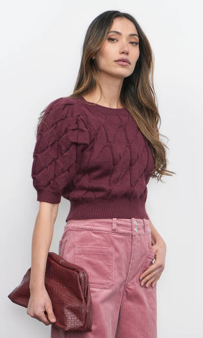 Hallie Cable Knit Puff Sleeve Sweater Top - Aubergine