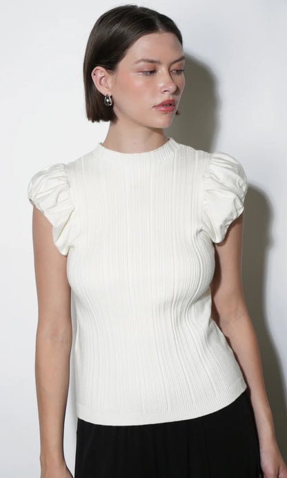 Austen Puff Cap Sleeve Rib Knit Top - Ivory