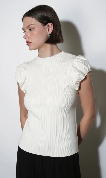 Austen Puff Cap Sleeve Rib Knit Top - Ivory