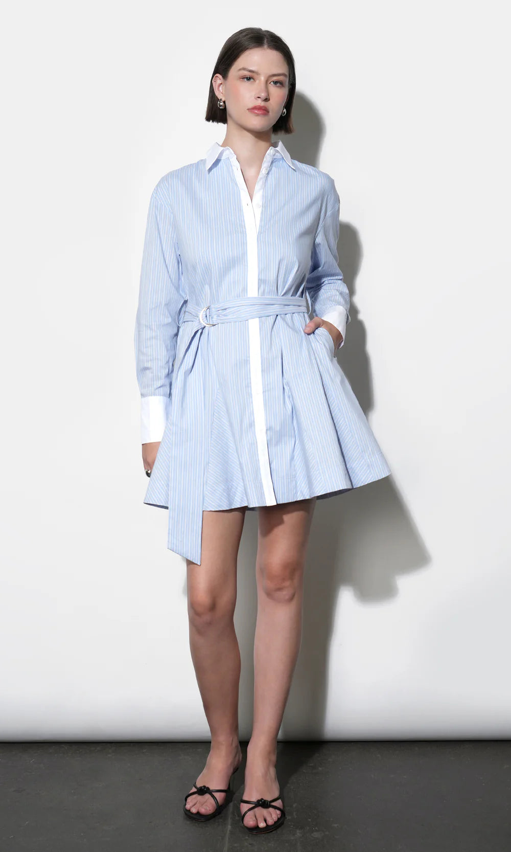 Faith Stripe Godet Mini Shirt Dress - Blue