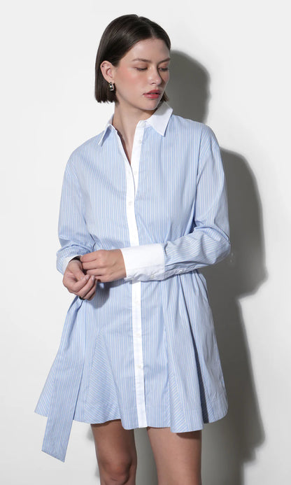 Faith Stripe Godet Mini Shirt Dress - Blue