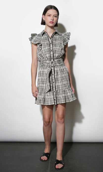 Mabel Belted Plaid Mini Dress - Black/Ivory