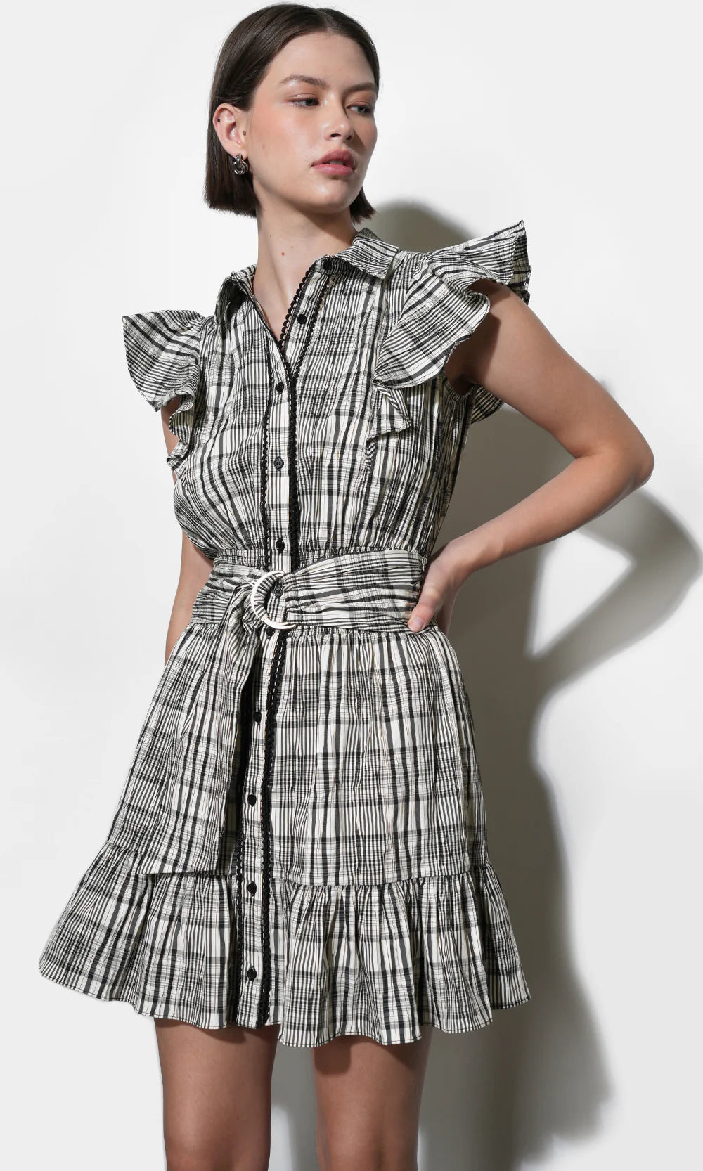 Mabel Belted Plaid Mini Dress - Black/Ivory
