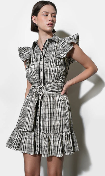 Mabel Belted Plaid Mini Dress - Black/Ivory