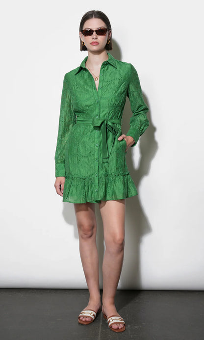 Tabitha Embroidered Cinched Waist Mini Dress - Retro Green