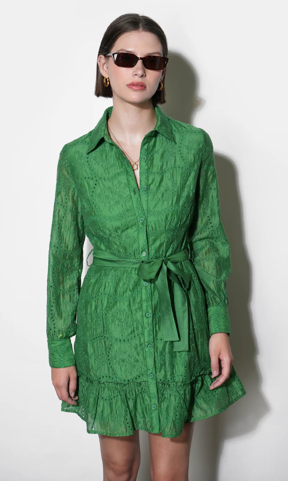 Tabitha Embroidered Cinched Waist Mini Dress - Retro Green