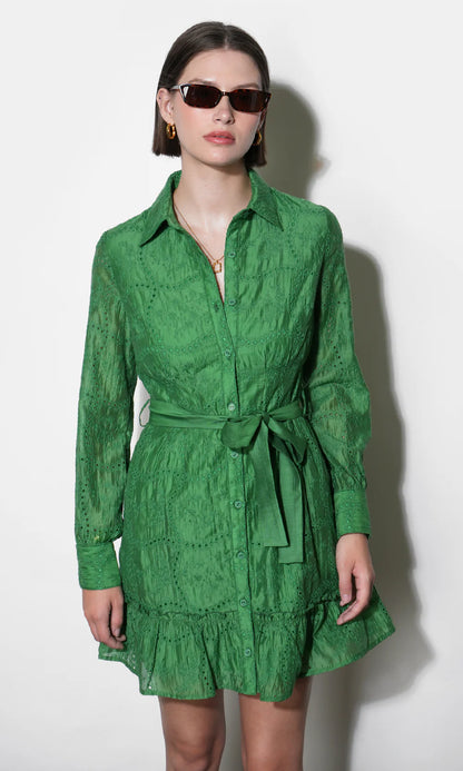 Tabitha Embroidered Cinched Waist Mini Dress - Retro Green