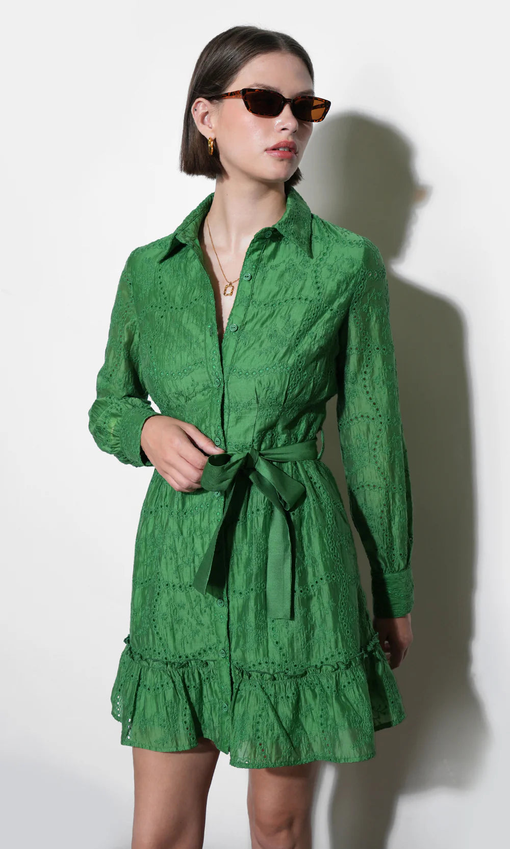 Tabitha Embroidered Cinched Waist Mini Dress - Retro Green