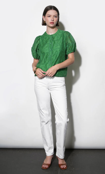 Sadie Puff Sleeve Eyelet Embroidered Blouse - Retro Green