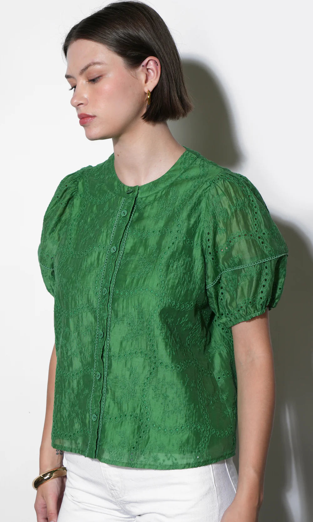 Sadie Puff Sleeve Eyelet Embroidered Blouse - Retro Green