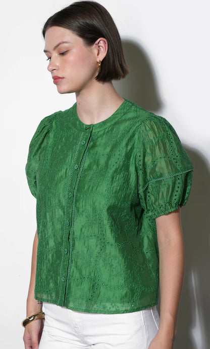 Sadie Puff Sleeve Eyelet Embroidered Blouse - Retro Green